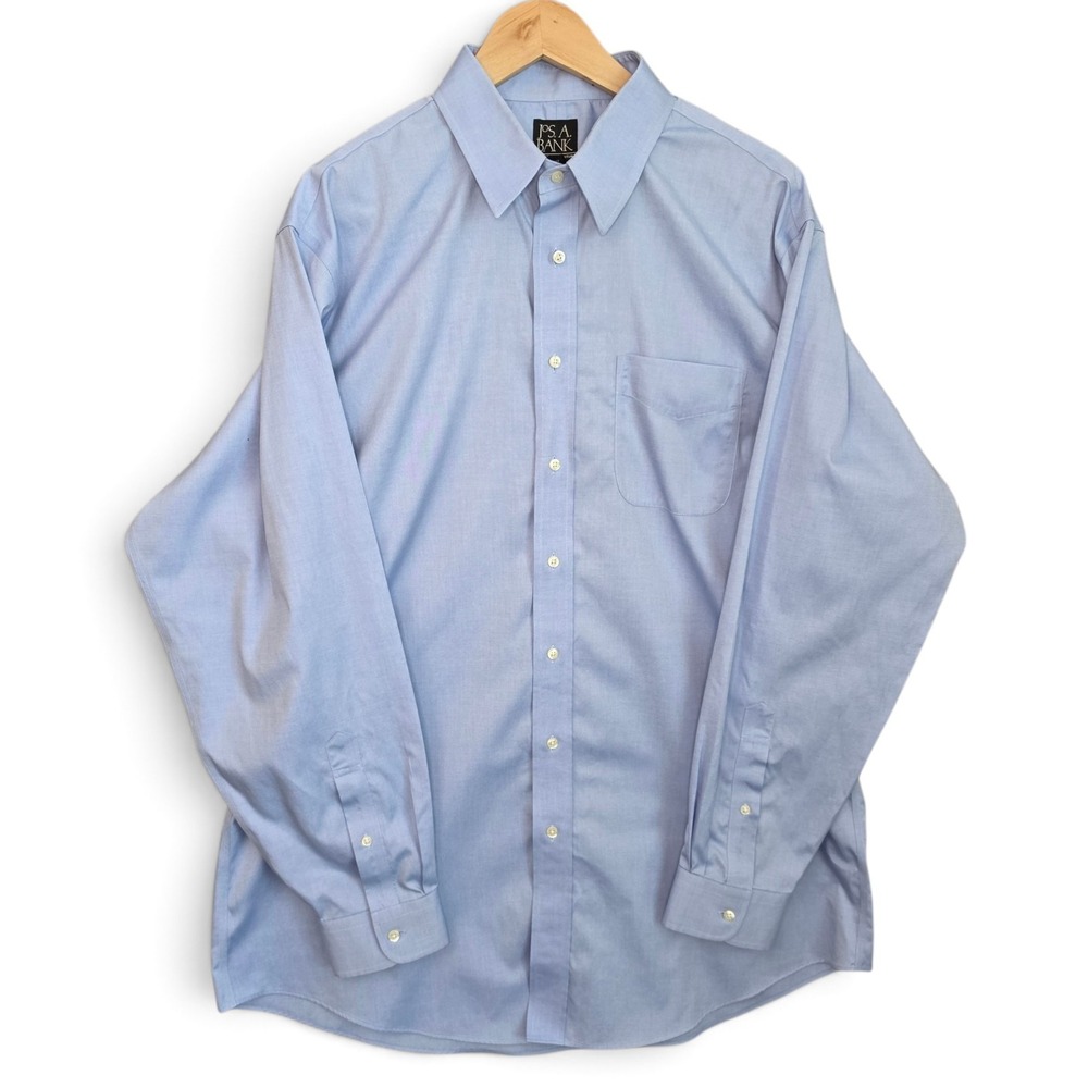 Jos A Bank Traveler Mens 17.5 36 Dress Shirt Tailored Fit Light Blue Career